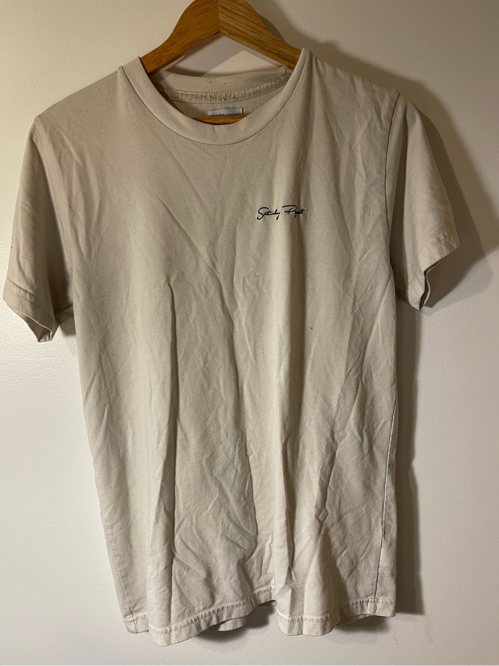 Saturday Project Cream Off White Logo Graphic Thrashed T-Shirt M